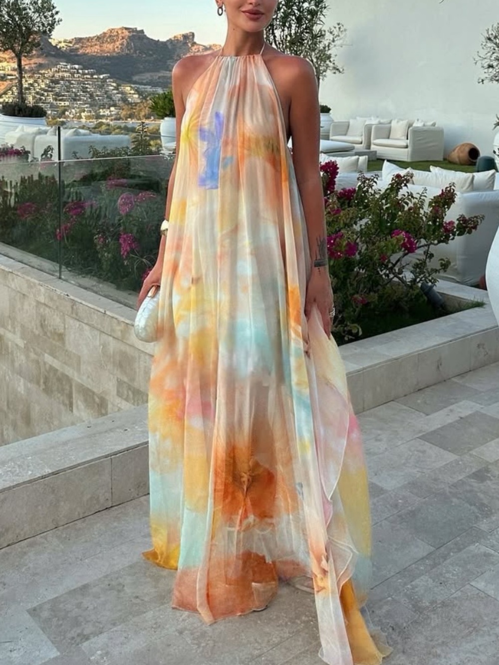 Women’s Halter Maxi Dress in Pastel Watercolor